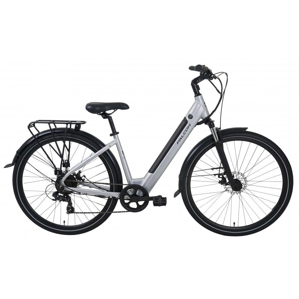 Falcon horizon low step electric hybrid bike silver perfect for men