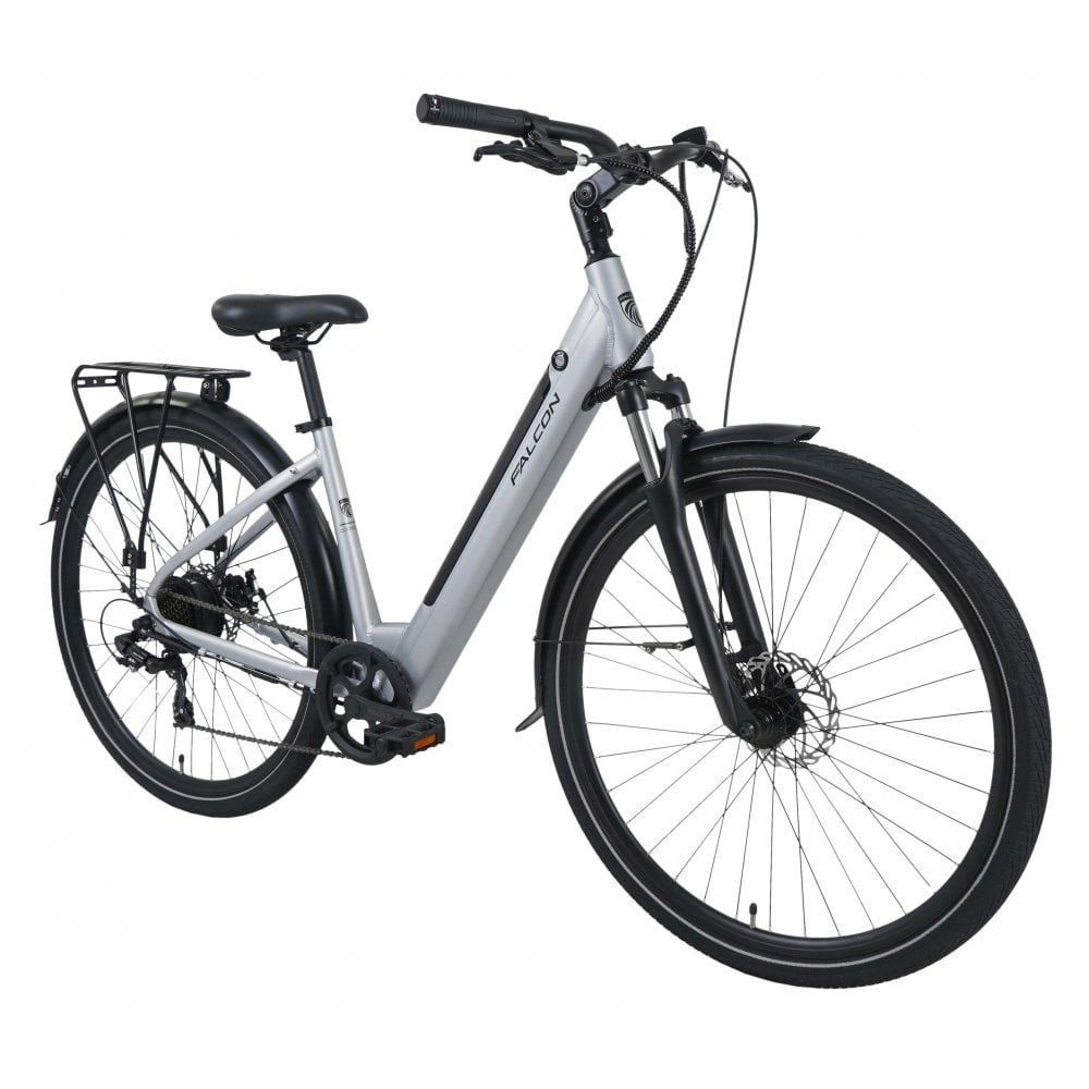 Falcon horizon low step electric hybrid bike silver perfect for everyone